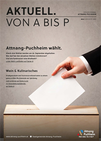 Die Titelseite der Gemeindezeitung zeigt im August eine Hand, die einen Zettel in eine Wahlurne wirft. Als Schlagzeilen sind die Themen Wahlen in Oberösterreich und Weinmesse angekündigt