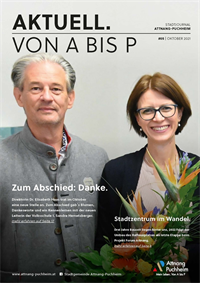 Die Titelseite der Gemeindezeitung Aktuell. Von A bis P zeigt diesmal Bürgermeister Groiß mit der ehemaligen Schuldirektorin Elisabeth Haas
