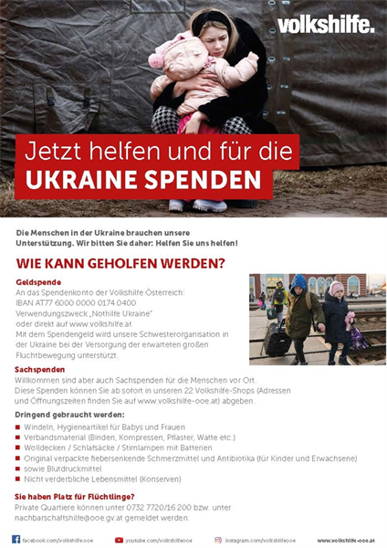 Flyer vom Volkshilfe Shop in Voecklabruck mit den wichtigsten Infos zu Spenden, Sachspenden und Quartieren